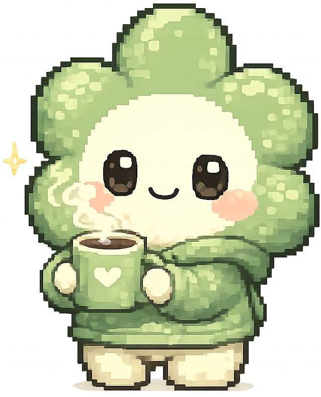 Poko, PetalPoko's pixel flower mascot, holding a cup of coffee